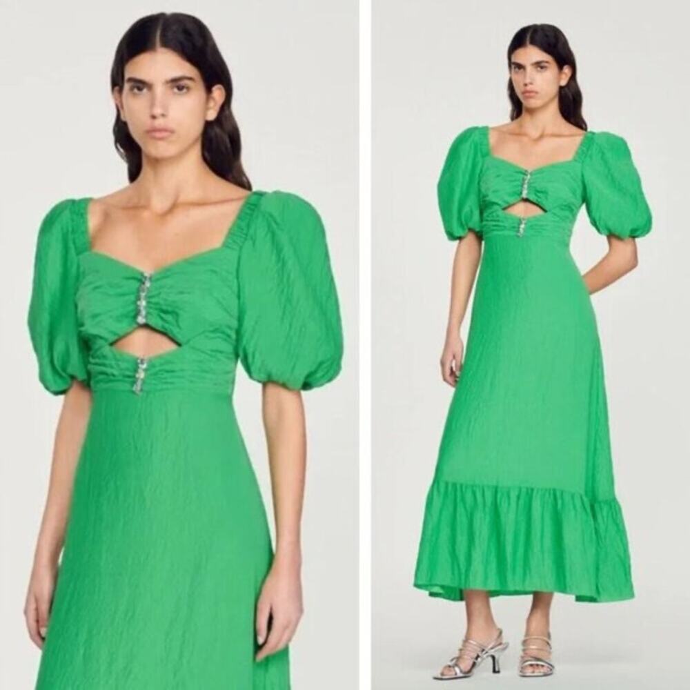 SANDRO Green Jewel Embellished Rhinestone Middle Cutout Puff Sleeve Dress sz 40
